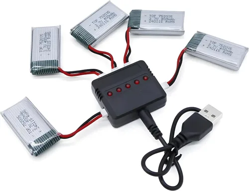 Batería Lipo de 3.7 V 400 Mah - 5 baterías de dron con cargador USB 5 en 1 para Syma Q11 H99W H31 H6C H98 TR-C385 TR-P51 TR-F22 Quadcopter Parts