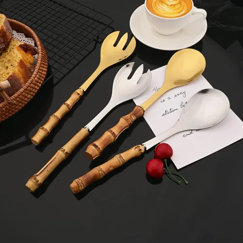 Miniatura 6 de JASHII Juego de cubiertos dorados de acero inoxidable 304, juego de cubiertos de 16 piezas con mango de bambú, servicio para 2, con 1 cuchara