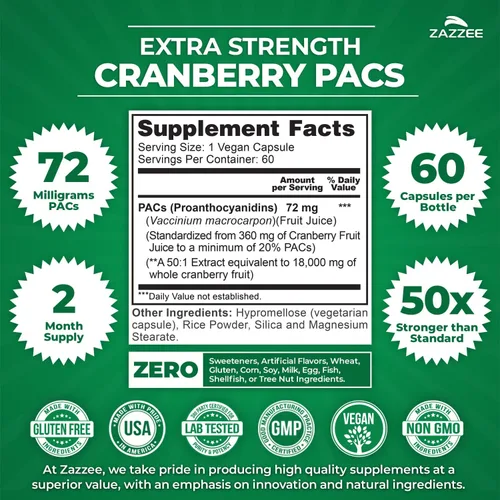 Miniatura 2 de Zazzee - Ácidos Alfa-Cianoacrílicos de Arándano, 72 mg de PACs por cápsula, 2X de fuerza, 100% soluble, 60 cápsulas veganas, extracto 50:1, 18,200