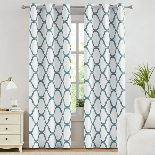 Melodieux - Cortinas opacas estilo marroquí con aislamiento térmico y ojales para oscurecer sala de estar, 2 paneles. Blanco hueso/verde azulado