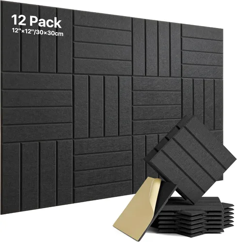 Paquete de 12 paneles de espuma con aislamiento de sonido para paredes, paneles acústicos autoadhesivos absorbentes de sonido, paneles de pared de