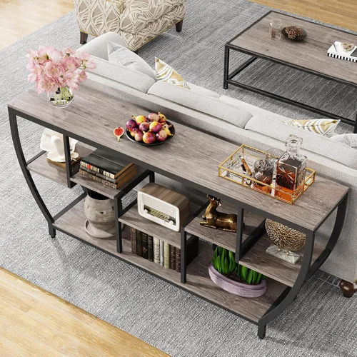 Miniatura 4 de Tribesigns Mesa de sofá de 70.9 pulgadas de largo con estantes, mesa consola rústica con almacenamiento, mesa de entrada industrial, soporte de TV