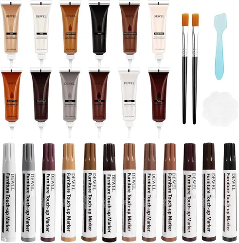 DEWEL Kit de reparación de muebles de madera, kit de reparación de arañazos para suelos de madera, 12 colores marcadores de retoque de muebles y