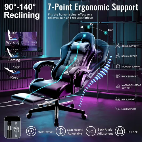 Miniatura 6 de Silla para Videojuegos, Silla de Oficina Ergonómica con Masaje, Asiento de Computadora con Reposapiés, Cojín de Muelles de Bolsillo, Silla