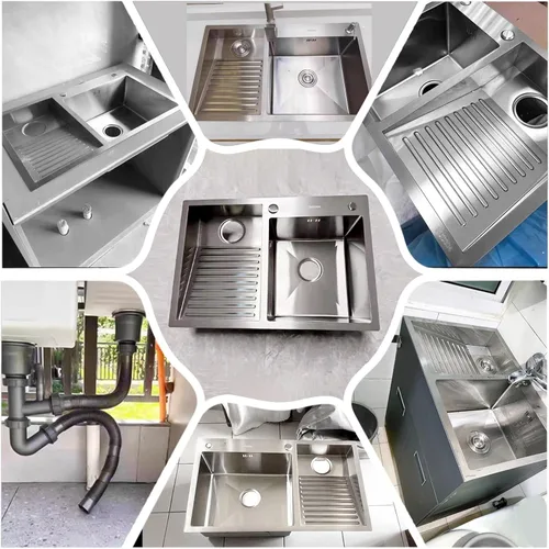 Miniatura 6 de Fregadero de lavandería de acero inoxidable con tabla de lavado integrada, bañera para lavar a mano con panel grueso, fregadero de lavandería