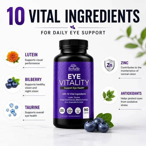 Miniatura 7 de HerbaMe Suplemento de vitaminas para los ojos con luteína, arándano, betacaroteno, L-taurina, zinc y quercetina, 90 cápsulas, apoya la visión