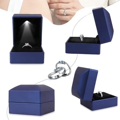Miniatura 4 de iSuperb 2 cajas de anillos LED iluminadas, para propuestas, compromisos, bodas, regalos (paquete de 2 unidades, azul marino)