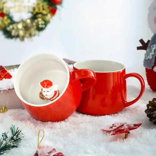 Miniatura 3 de NDLBS Taza de café 3D de Navidad con Papá Noel lindo animal dentro de la taza de cerámica de dibujos animados, regalo de cumpleaños de Navidad