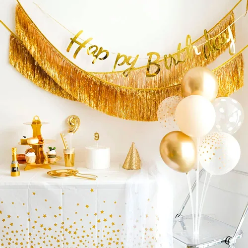 Miniatura 2 de Guirnalda de oropel con flecos de oro rosa de alta calidad para decoraciones de fiesta, 4 capas de grosor, paquete de 2 unidades, pancarta metálica