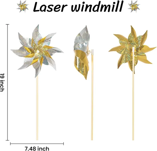 Miniatura 5 de Paquete de 10 molinetes reflectantes para patio y jardín, giradores de viento para exteriores dispositivos para ahuyentar pájaros, molinetes Dorado