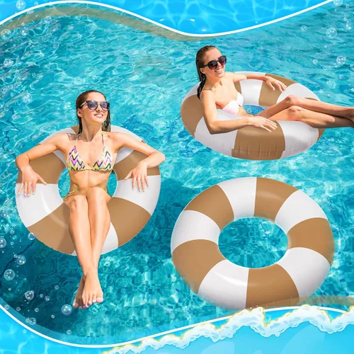 Miniatura 7 de Foilswirl Flotadores inflables jumbo de 47.24 pulgadas para piscina, anillos de piscina a rayas azules y blancas, tubo inflable para mujeres Marrón