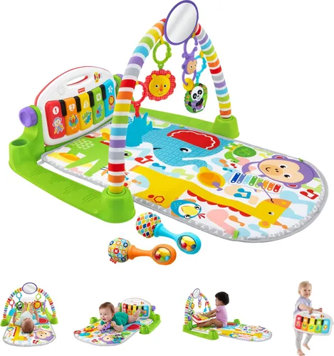 Gimnasio de piano Fisher-Price Baby Playmat Deluxe Kick & Play para el aprendizaje y 2 maracas de cascabeles suaves para jugar desde recién nacido