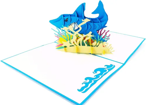 Tarjeta desplegable de tiburón blanco, tarjeta de felicitación emergente 3D – Tarjeta desplegable de cumpleaños en el océano, felicitaciones,