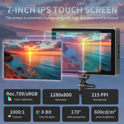 Miniatura 2 de VILTROX Monitor de campo de cámara de 7 pulgadas, monitor de cámara táctil de 7 pulgadas, monitoreo de video Full HD 1920x1080, Lut 3D, desfile RGB