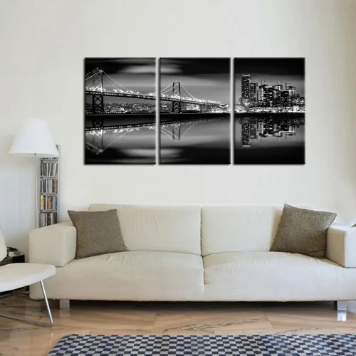 Miniatura 2 de KREATIVE ARTS - Bahía de San Francisco por la noche en puente blanco y negro, 3 paneles de arte de paisaje moderno, impresiones sobre lienzo, arte