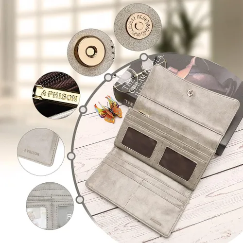 Miniatura 5 de Aphison - Cartera larga de cuero suave RFID para mujer, con caja de regalo