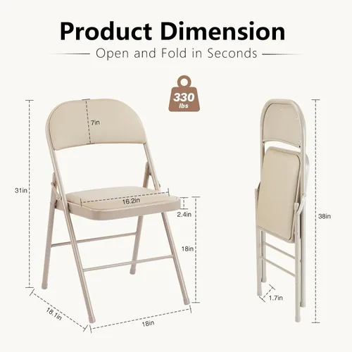 Miniatura 6 de DUMOS Paquete de 12 sillas plegables acolchadas de cuero, asiento comercial apilable portátil para interiores y exteriores con marco de acero, Caqui