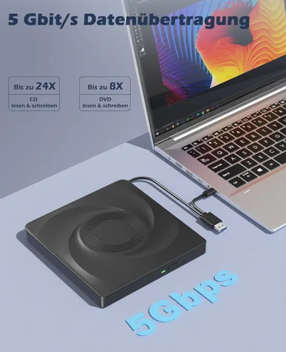 Miniatura 2 de Wbacon Unidad externa de CD/DVD para portátil, unidad de DVD externa, reproductor de DVD, lector de CD portátil para portátil, grabadora de CD
