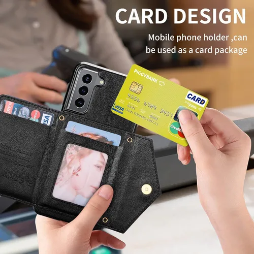 Miniatura 3 de Funda de cuero con tapa para Samsung Galaxy S23 5G, funda cruzada con soporte para tarjeta de crédito y correa con cordón de 6.1 pulgadas, para Negro
