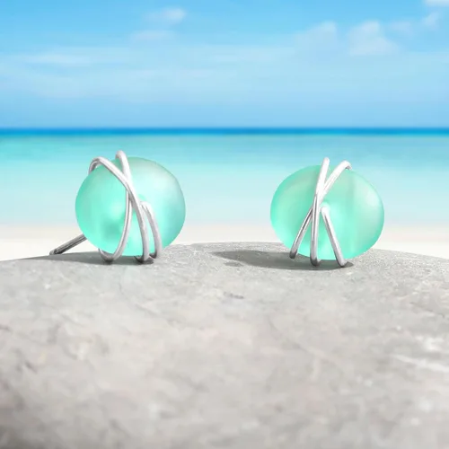 Miniatura 8 de Sea Glass Earrings S925 Sterling Silver Hypoallergenic Handmade Stud Post Earrings Beach Glass Fashion Handcraft Jewelry earrings stud earrings from