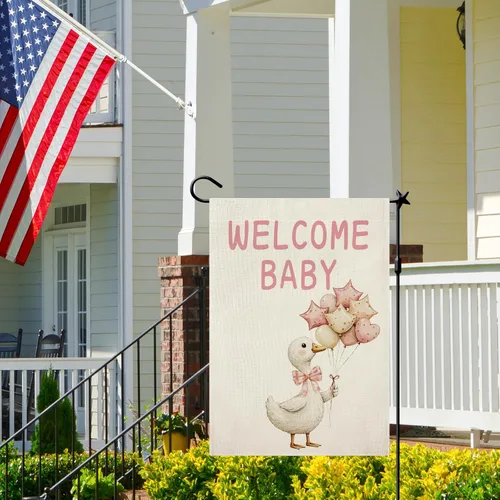 Miniatura 2 de Bandera de bienvenida para el jardín de bebé, letrero de bienvenida a casa de bebé niña para exteriores, doble cara, decoración de ganso tonto, 12.5