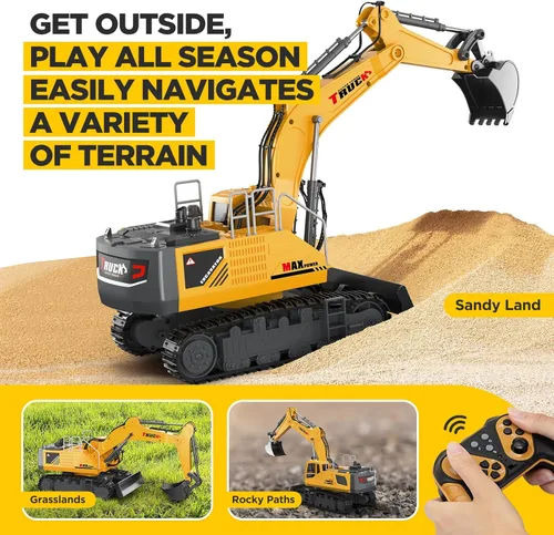 Miniatura 9 de KIDMARKT Juguete grande de excavadora de control remoto de 21 pulgadas con cubo de metal y hoja topadora, juguetes de excavadora RC de 15 canales