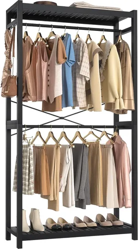 Miniatura 11 de Homykic Perchero de bambú para colgar ropa, perchero resistente con estantes ajustables de 7 niveles, varillas dobles, 4 ganchos, sistema de armario