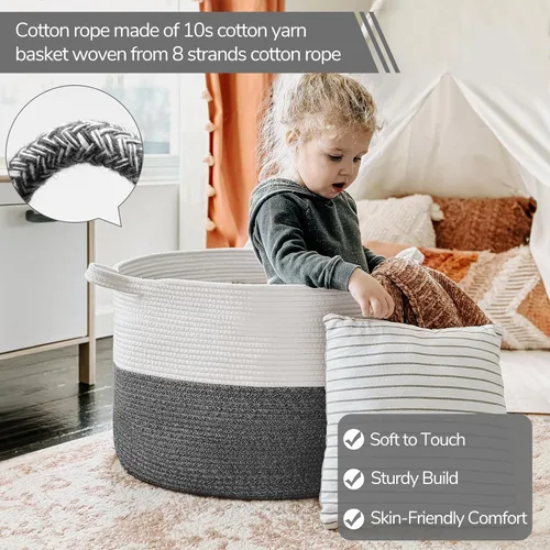 Miniatura 2 de INDRESSME Cesta de cuerda de algodón XXXL de 21.7 x 21.7 x 13.8 pulgadas, cestas tejidas para ropa sucia para bebé, canasta de manta, cestas