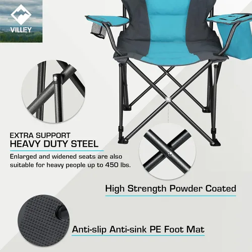Miniatura 7 de VILLEY Silla de campamento, silla de campamento plegable de gran tamaño, sillas portátiles para exteriores con soporte de 450 libras con asientos