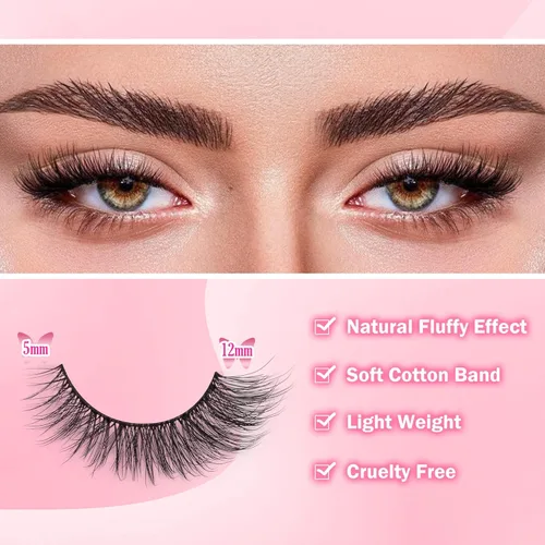 Miniatura 3 de Kit de Pestañas Naturales con Pegamento para Pestañas, Pestañas Postizas 3D, Finas, de Ojo de Gato, de 12mm, Cortas, con Pegamento para Pestañas