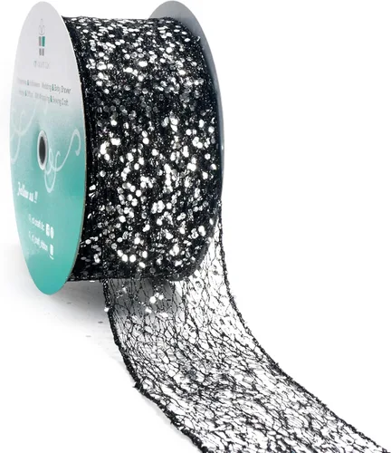 Miniatura 30 de Cinta con alambre de malla brillante con purpurina de 6 x 10 yardas, color negro para decoración del hogar, lazo para envolver regalos