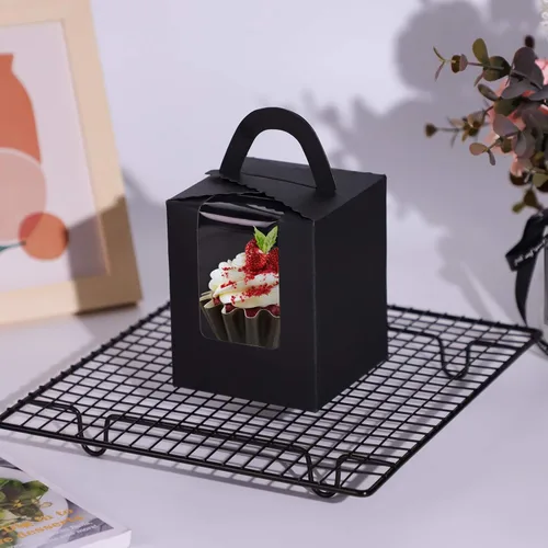 Miniatura 2 de EUSOAR Cajas para cupcakes individuales, color negro, 50 unidades, 3.6 x 3.6 x 4.3 pulgadas, portador de cupcakes con insertos y soportes