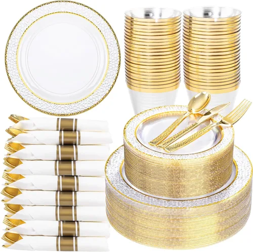 Ciaell 350 piezas de platos de plástico transparentes con ribete dorado para 50 invitados, incluye 100 platos de plástico, 50 servilletas Claro