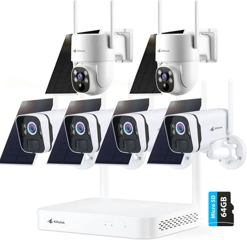 Kittyhok Cámara de seguridad solar inalámbrica sistema exterior | 4 cámaras solares 2K bala, 2 cámaras de seguridad solar PT, detección humana