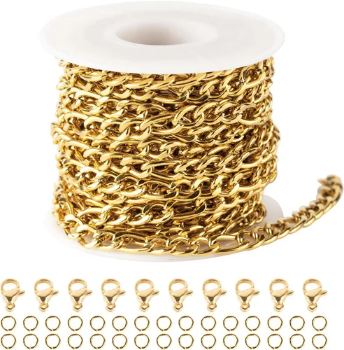 Miniatura 13 de YOUBEIYEE Cadena de acero inoxidable de 16.4 pies para hacer joyas, cadenas chapadas en oro con clip en relieve, a granel con anillos de salto