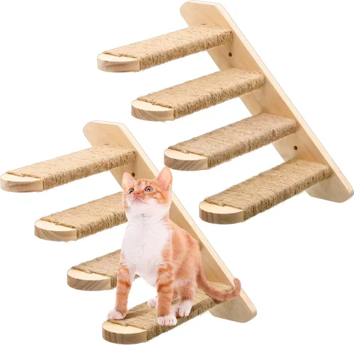Paquete de 2 estantes de escalada para gatos montados en la pared Escalera de madera para gatos Escalera de escalada para gatos de 4 escalones con