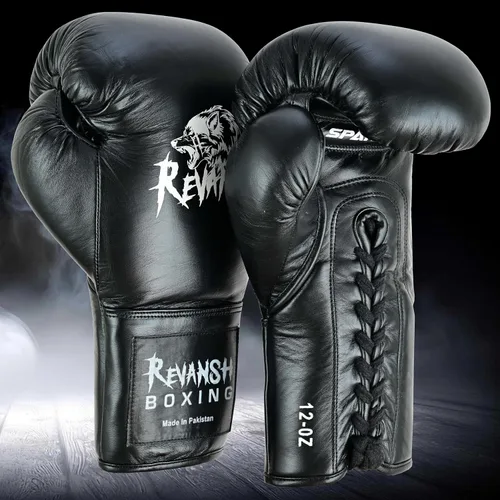 Miniatura 7 de Revansh Prolace - Guantes de boxeo de piel de vacuno, unisex, entrenamiento profesional y sparring, color blanco y negro, tamaños: 12 onzas, 14