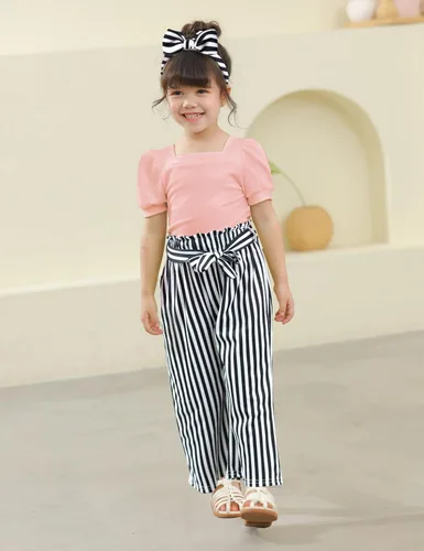 Miniatura 30 de DONWEN Conjunto de 3 piezas de ropa para niñas pequeñas y niñas con cuello cuadrado + pantalones elegantes + diadema para primavera y verano
