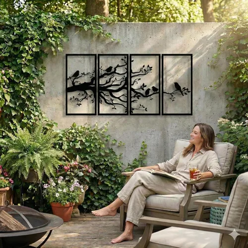 Miniatura 7 de DEKADRON Arte de pared de metal, árbol de la vida, 4 paneles, arte de pared de pájaros y ramas de metal, letrero de árbol, decoración de pared
