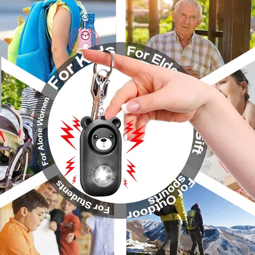 Miniatura 9 de Llavero de alarma de seguridad personal con luz LED, alerta de emergencia de 130 dB, diseño de oso recargable para mujeres, niños y niñas