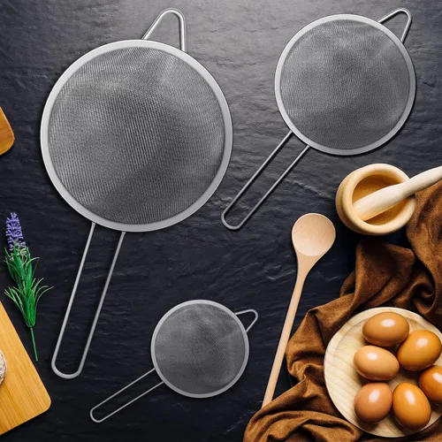 Miniatura 2 de Juego de 3 cucharas de malla fina de acero inoxidable colador de tamiz de acero inoxidable, colador multifuncional para alimentos con mango largo