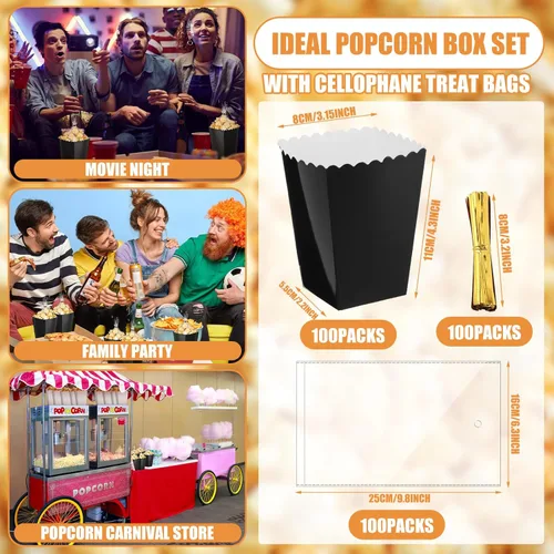 Miniatura 2 de Zopeal Juego de mini cajas de palomitas de maíz y bolsa transparente para golosinas, bolsas de palomitas de maíz a granel con parte superior Negro