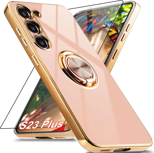 Miniatura 10 de Funda para Samsung Galaxy S23 Ultra 5G, soporte de anillo de rotación de 360° incorporado, soporte magnético, borde chapado brillante de lujo, Verde