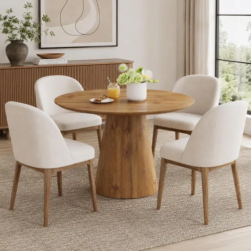 Miniatura 12 de Mesa de comedor redonda de 45 pulgadas, moderna mesa de madera de imitación de mármol, mesa gruesa y espaciosa con base de pedestal, fácil