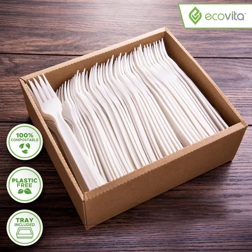 Miniatura 2 de Tenedores 100% compostables - 140 tenedores grandes desechables (17.8 cm) Ecológicos, duraderos y resistentes al calor, alternativa a los tenedores