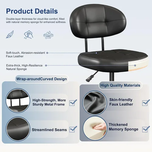 Miniatura 4 de Misolant Silla de tocador con respaldo, pequeña silla de oficina sin brazos con ruedas y soporte lumbar, cómodas sillas de escritorio de piel Negro