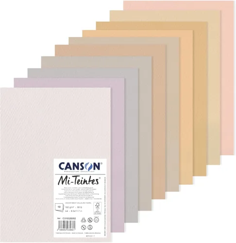 CANSON Mi-Teintes - Paquete de papel A4 de 5.64 oz/m², doble cara: panal y grano fino, 10 hojas de color pastel, para artistas e ilustradores
