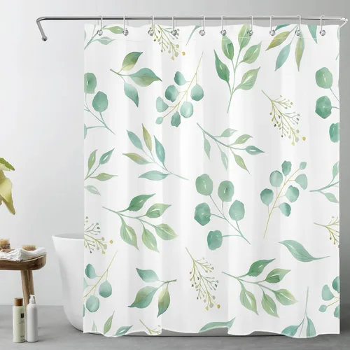 Miniatura 8 de EOBTAIN Cortina de ducha de hojas de eucalipto verde para baño, cortina de ducha con hojas de plantas naturales en beige con 10 ganchos, juego