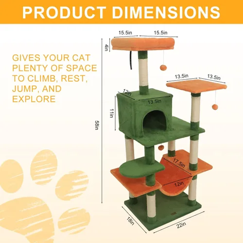 Miniatura 6 de DORTALA Árbol para gatos de interior, torre para gatos de 58 pulgadas de alto con percha superior, condominio, hamaca, postes rascadores de sisal, 3