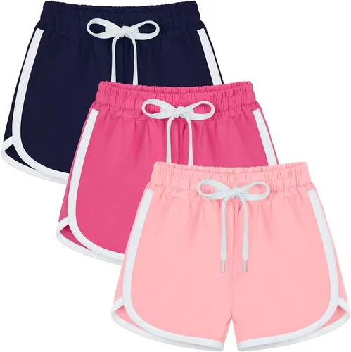 Poroka Pantalones cortos deportivos de algodón para niñas, 3 piezas, pantalones cortos deportivos casuales con cordón elástico, pantalones cortos de
